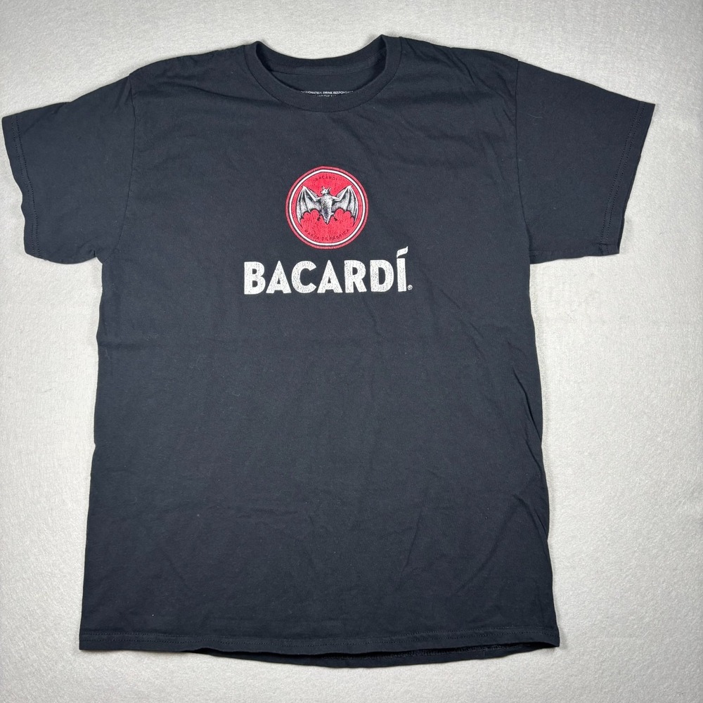 Bacardi Rum Black Graphic T-Shirt Mens XL Bat Logo Spell Out Promo Liquor Tee